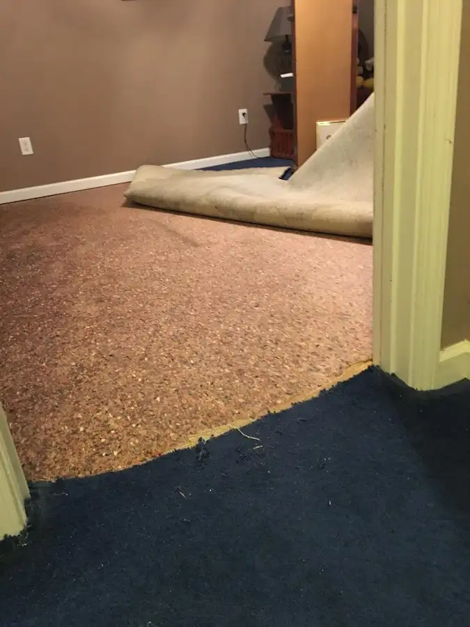 Carpet pad removal revealing water damage during Water Mitigation Services in Palos Hills